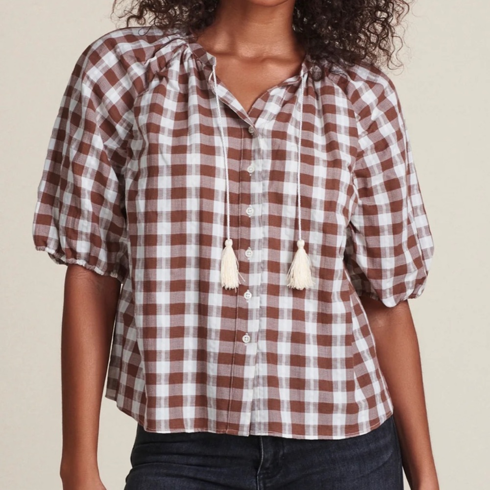 NWT The Shirt Antoinette Brown White Plaid Short Sleeve Blouse